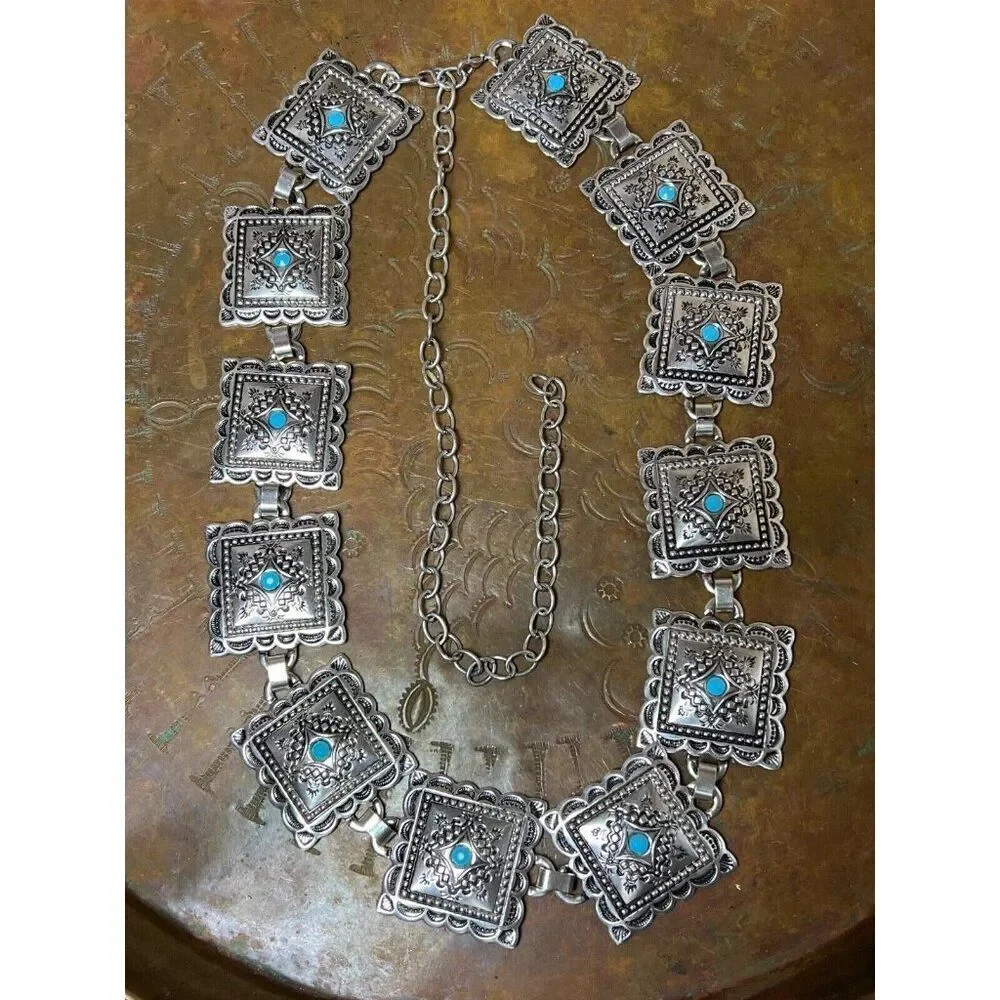 Concho Southwest Silver Unisex Chain belt adjustable to 52” Faux Turquoise new - Picture 1 of 10